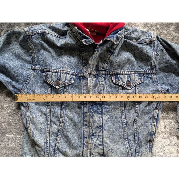 VTG 80s Levis Denim Trucker Jacket Acid Wash Fleece Hood - Medium Made in Canada - Picture 7 of 16